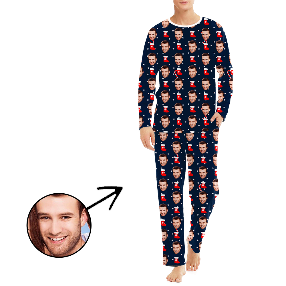 Custom Men's Photo Pajamas Christmas Socks And Stars Long Sleeve