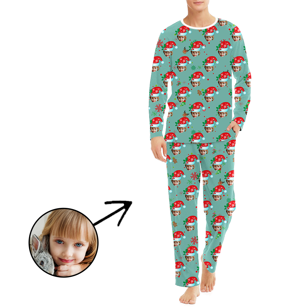 Custom Men's Photo Pajamas Christmas Hat And Gingerbread Man Long Sleeve
