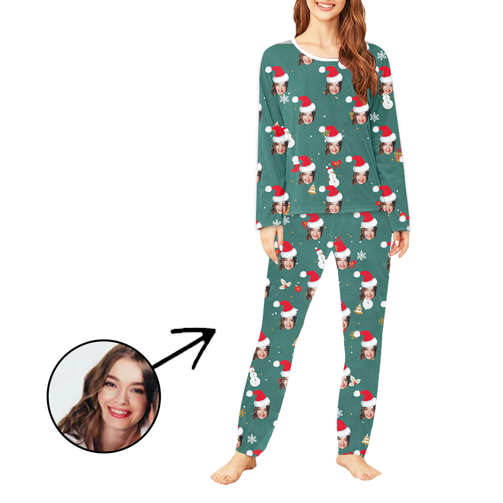 Custom Women's Photo Pajamas Christmas Hat And Snowman Long Sleeve
