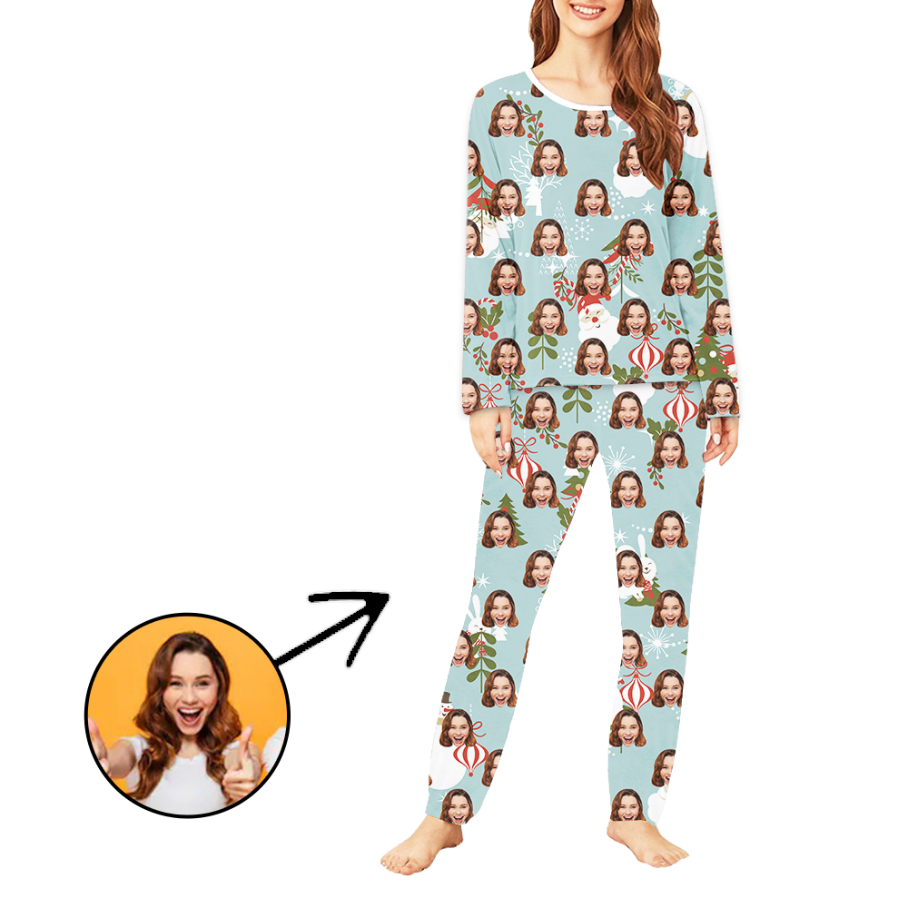 Custom Women's Photo Pajamas Christmas Tree And Rabit Long Sleeve