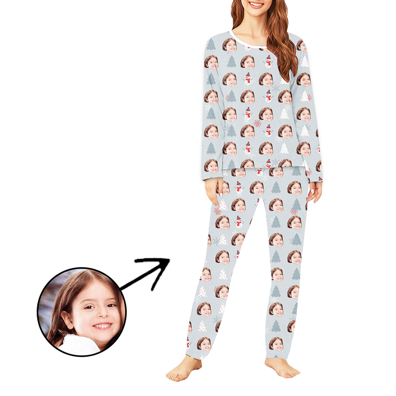 Custom Women's Photo Pajamas Christmas Tree And Snowman Long Sleeve