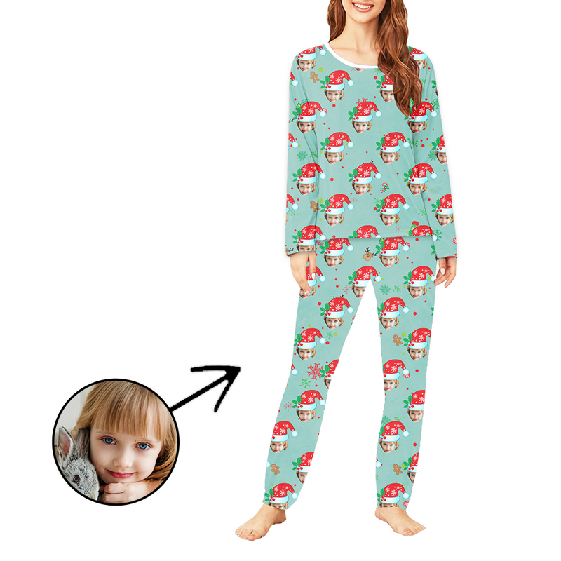 Custom Women's Photo Pajamas Christmas Hat And Gingerbread Man Long Sleeve