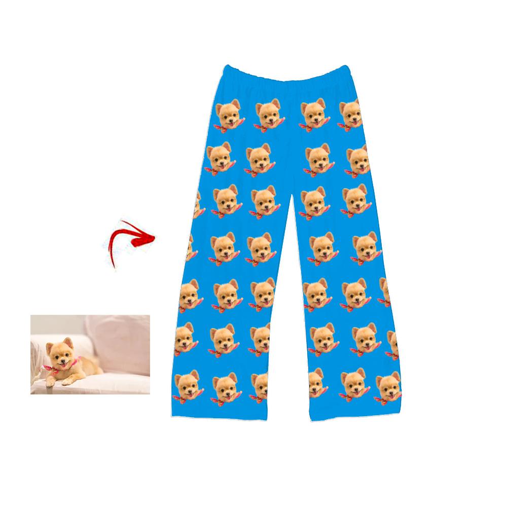 Custom Photo Pajamas Pants I Love My Dog Blue