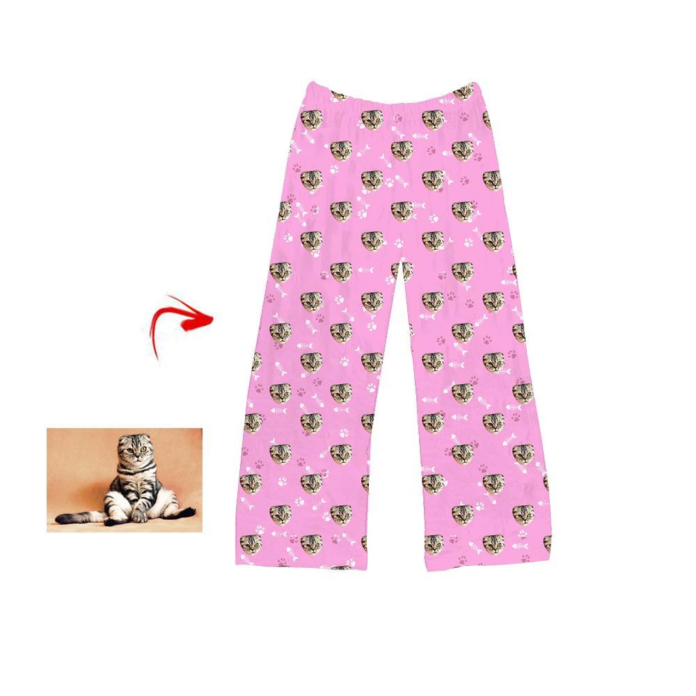 Custom Photo Pajamas Pants Cat Footprint Pink For Men