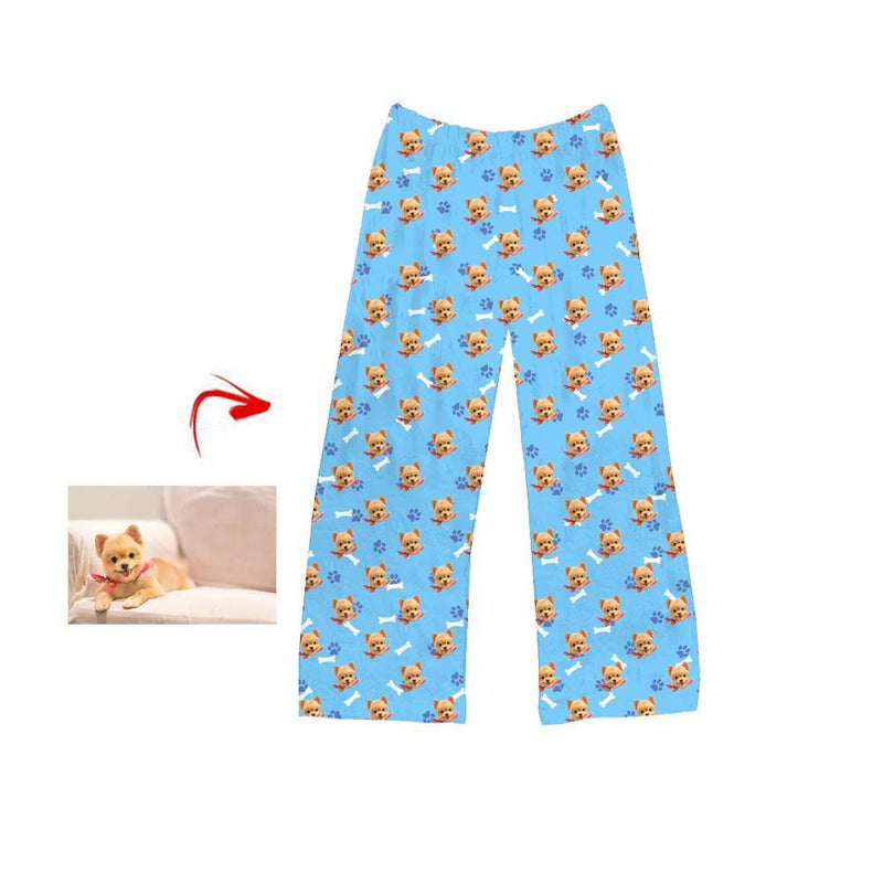 Custom Photo Pajamas Pants Dog Footprint Blue For Men