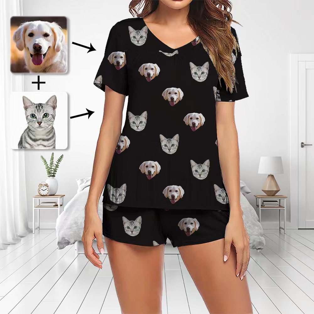 Custom Photo Pajamas Set Short Sleeve V-neck Pajama Women's Shorts Pajama Set Sleepwear Nightwear With Dog And Cat Face