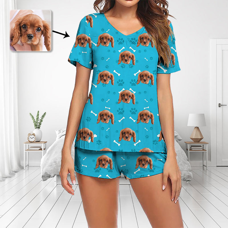 Custom Photo Pajamas Set Short Sleeve V-neck Pajama Women's Shorts Pajama Set Sleepwear Nightwear Lovely Dog Footprint