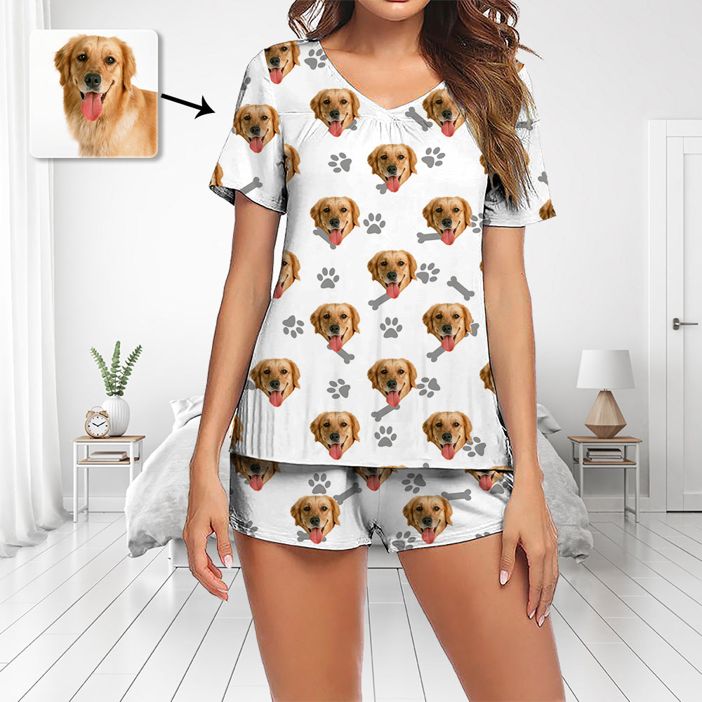 Custom Photo Pajamas Set Short Sleeve V-neck Pajama Women's Shorts Pajama Set Sleepwear Nightwear I Love My Dog