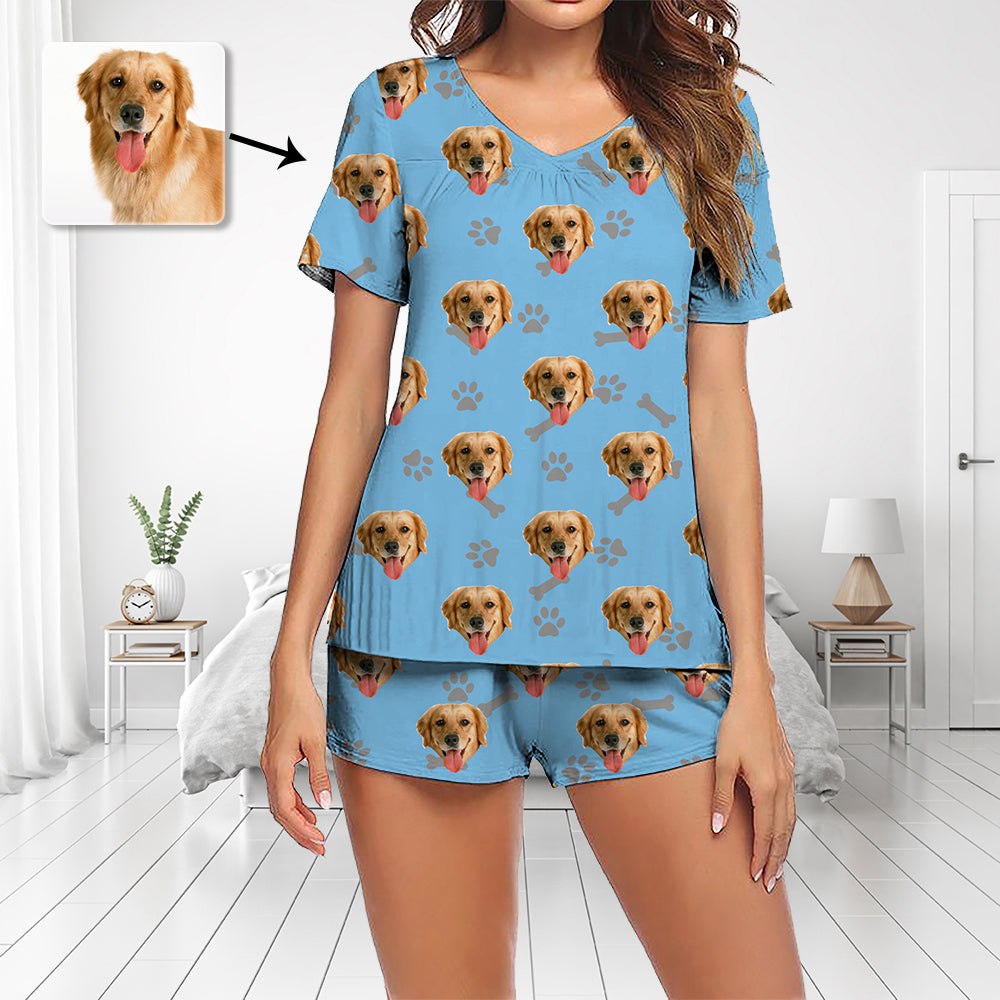 Custom Photo Pajamas Set Short Sleeve V-neck Pajama Women's Shorts Pajama Set Sleepwear Nightwear I Love My Dog