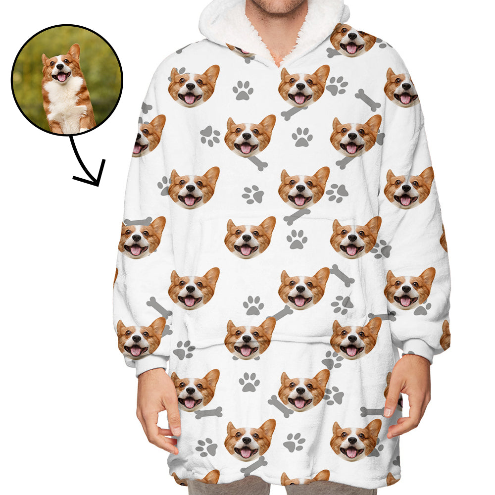 Wearable Blanket Custom Blanket Hoodie Photo Blanket Hoodie Soft Warm Fleece Flannel Loungewear Unisex Heart My Dog Footprint White
