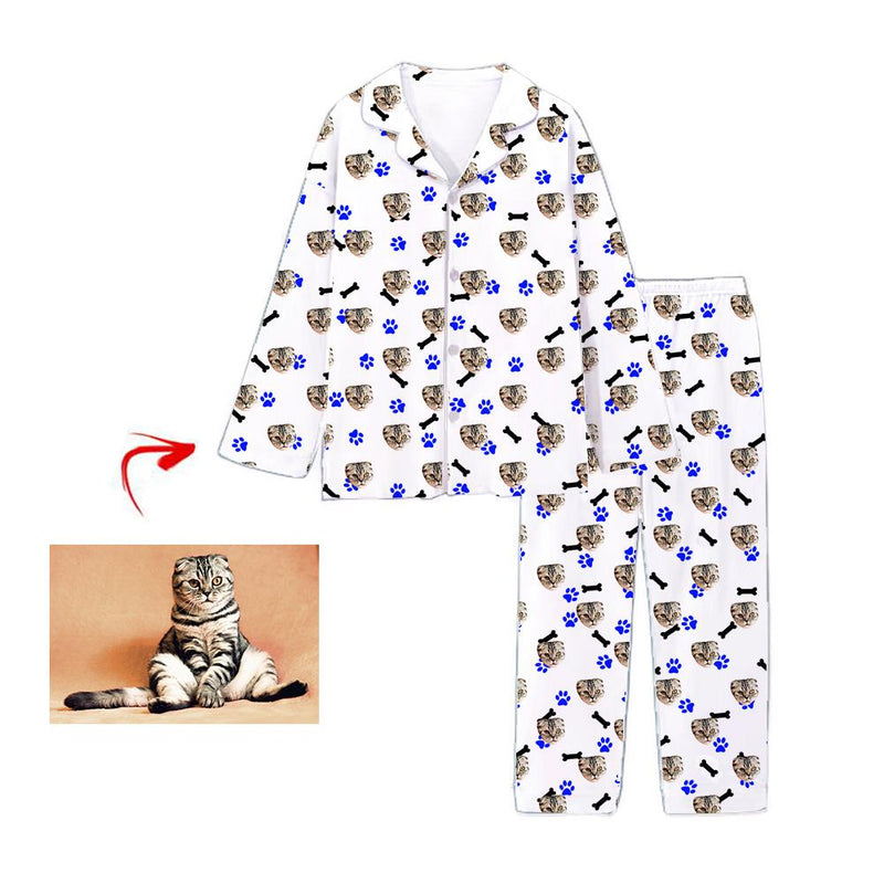 Custom Photo Pajamas Pants Dog Footprint Blue