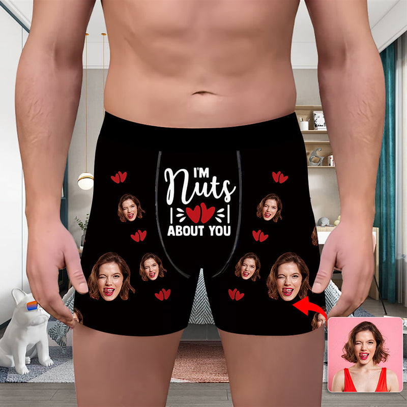 Valentine's Day Custom Underwear With Face Boxer Custom Boxers Personalized Underwear Custom Boxer Briefs Face Boxer I'm Nuts About You Dark Blue