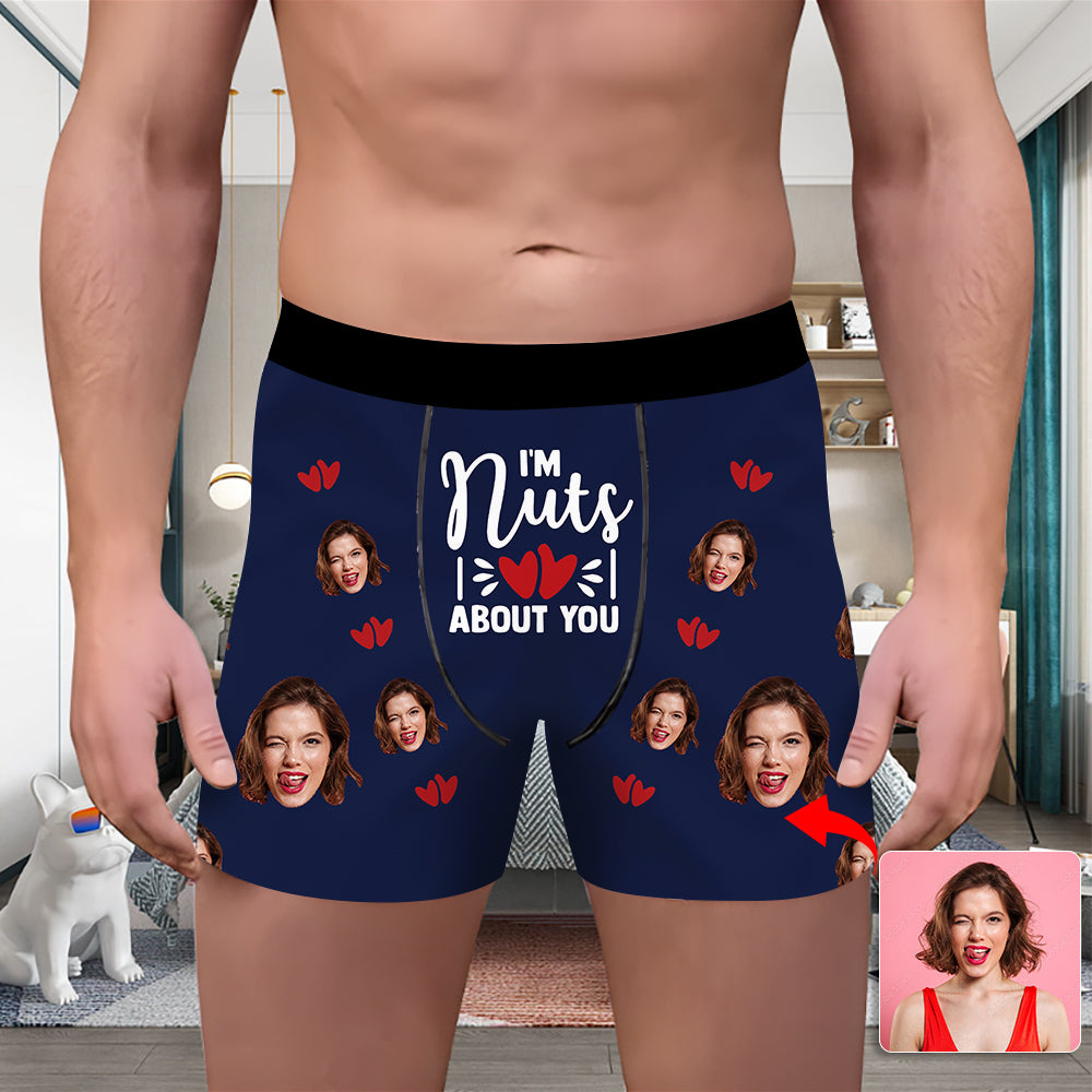 Valentine's Day Custom Underwear With Face Boxer Custom Boxers Personalized Underwear Custom Boxer Briefs Face Boxer I'm Nuts About You Dark Blue