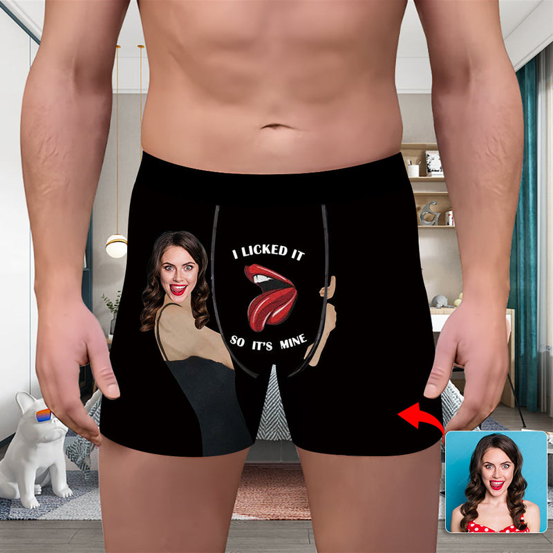 Valentine's Day Custom Underwear With Face Boxer Custom Boxers Personalized Underwear Custom Boxer Briefs Face Boxer I Licked It So It's Mine Hug Grey