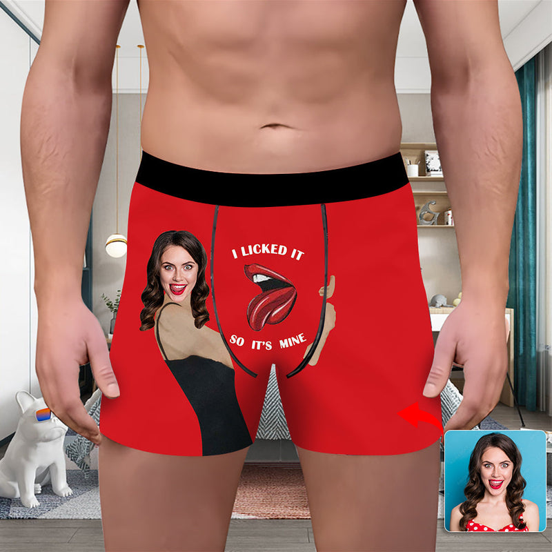 Valentine's Day Custom Underwear With Face Boxer Custom Boxers Personalized Underwear Custom Boxer Briefs Face Boxer I Licked It So It's Mine Hug Grey