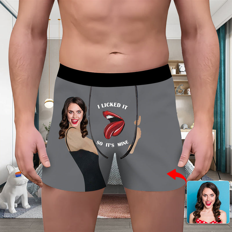 Valentine's Day Custom Underwear With Face Boxer Custom Boxers Personalized Underwear Custom Boxer Briefs Face Boxer I Licked It So It's Mine Hug Black