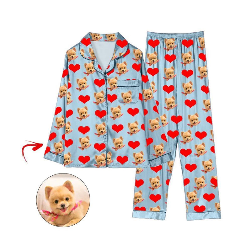 Custom Photo Satin Pajamas Heart I Love My Dog Blue