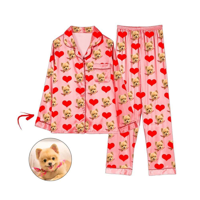 Custom Photo Satin Pajamas Heart I Love My Dog Pink