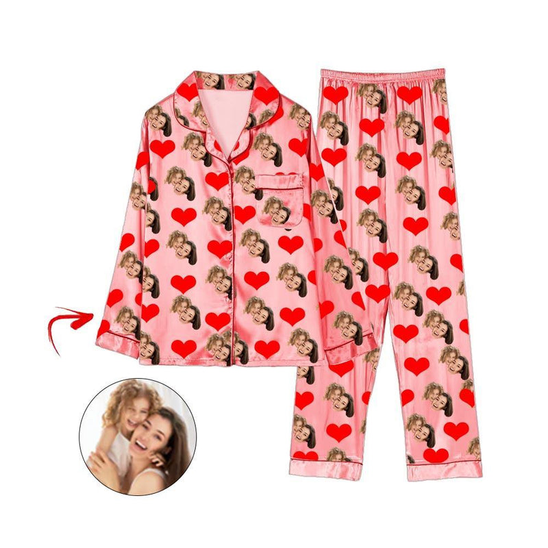 Custom Photo Satin Pajamas Heart Happy Mother's Day Pink