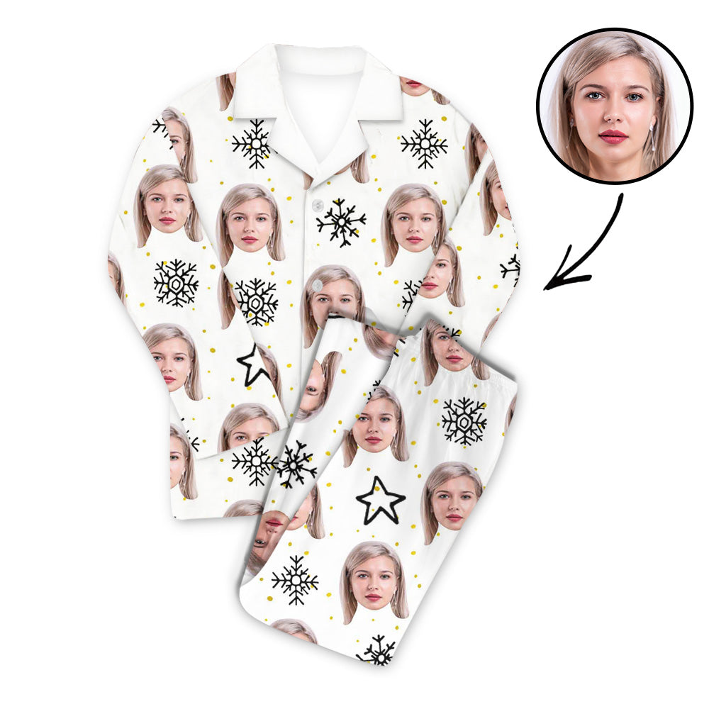 Custom Photo Pajamas Set Unisex White Stars And Snowflake