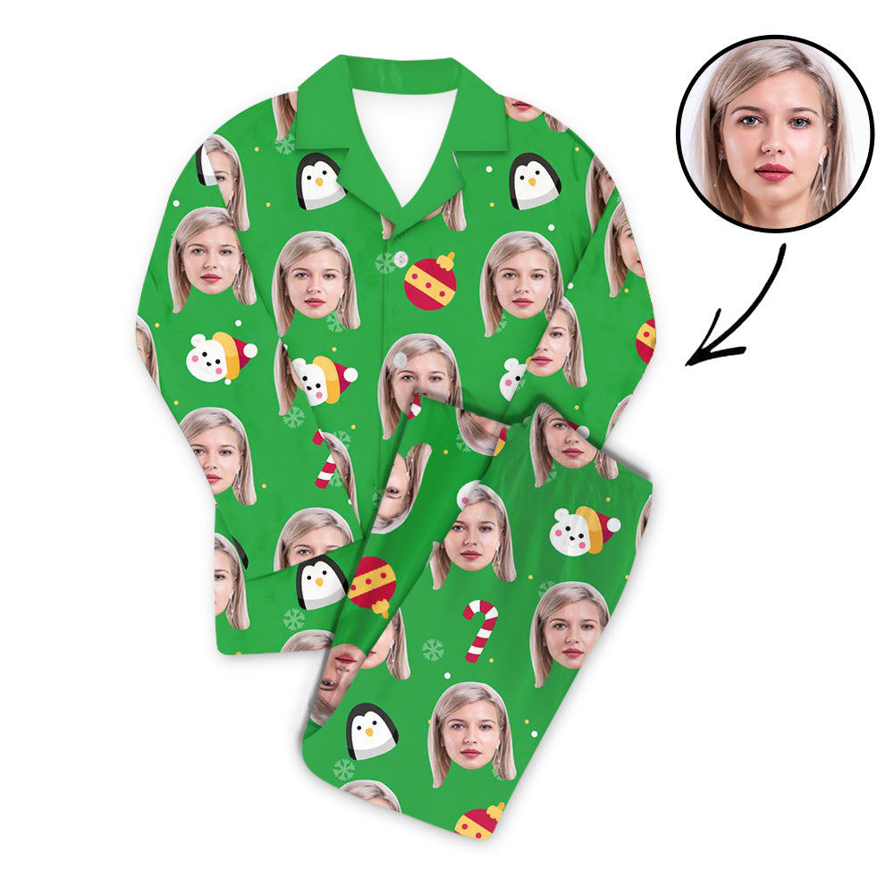 Custom Photo Pajamas Set Unisex Candy Cane And Christmas Green