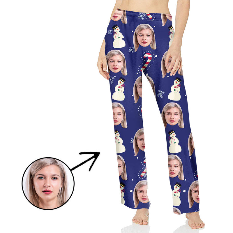 Custom Photo Pajamas Pants For Women Snowman And Candy Cane