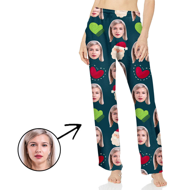Custom Photo Pajamas Pants For Women Red And Green Heart