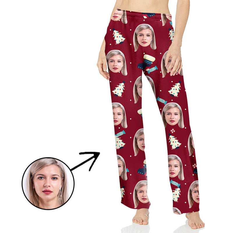 Custom Photo Pajamas Pants For Women Christmas Tree In Red