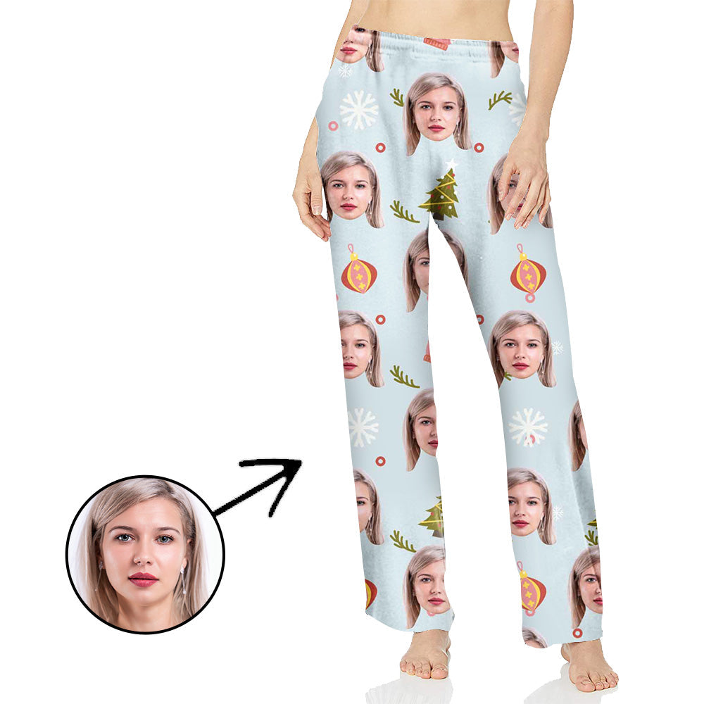 Custom Photo Pajamas Pants For Women With Christmas Pendant And Snowflake
