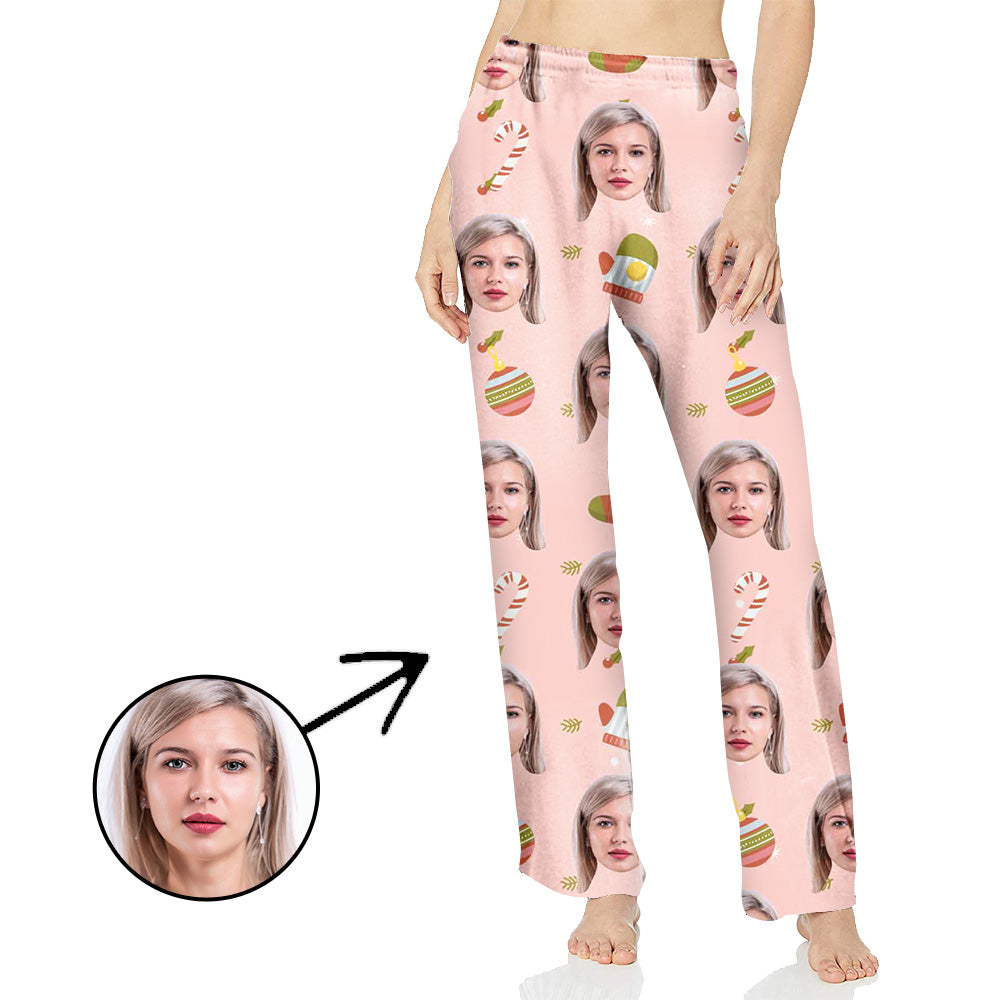 Custom Photo Pajamas Pants For Women With Christmas Candy Cane