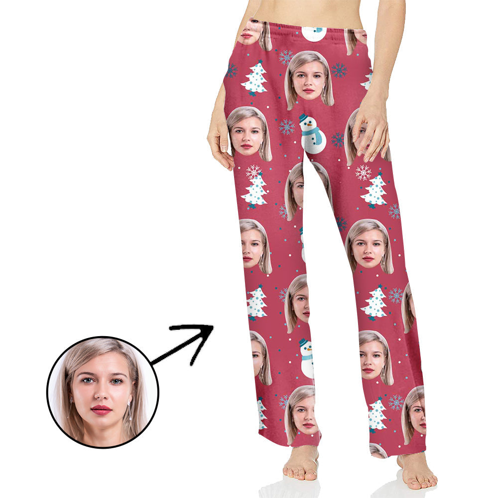 Custom Photo Pajamas Pants For Women Snowman And Christmas Tree