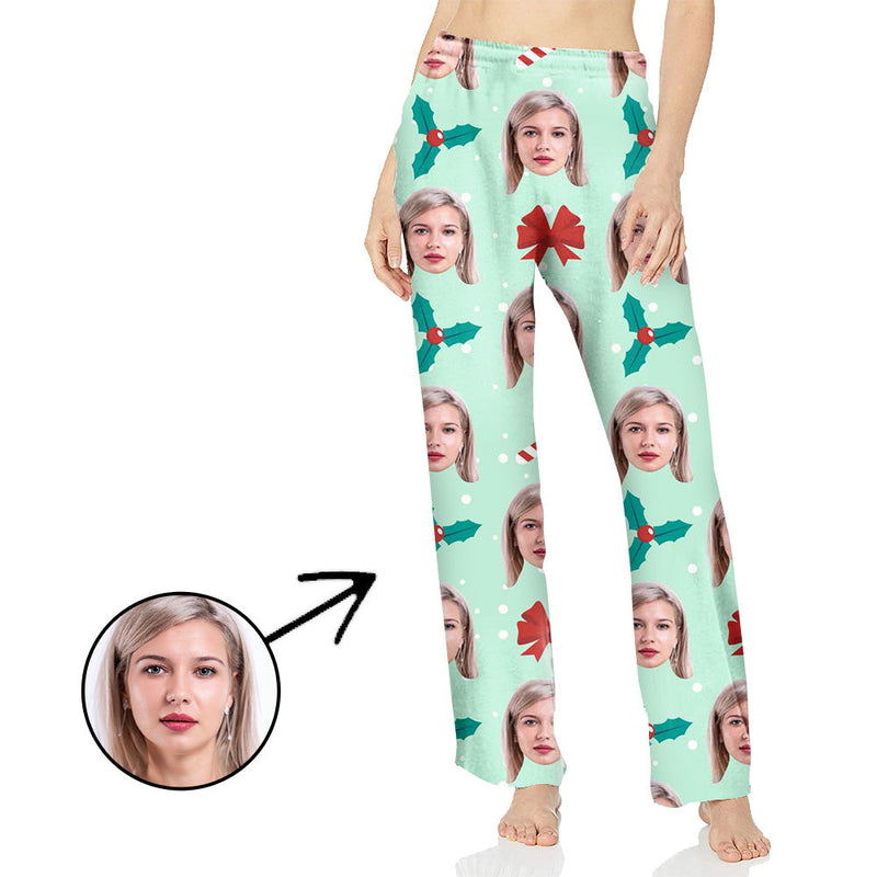 Custom Photo Pajamas Pants For Women Christmas Pendant With Candy Cane