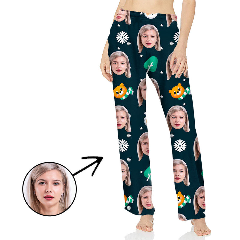 Custom Photo Pajamas Pants For Women Snowflake And Lovely Bear