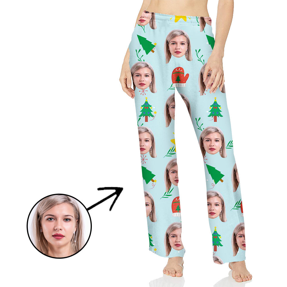 Custom Photo Pajamas Pants For Women Christmas Tree And Gloves