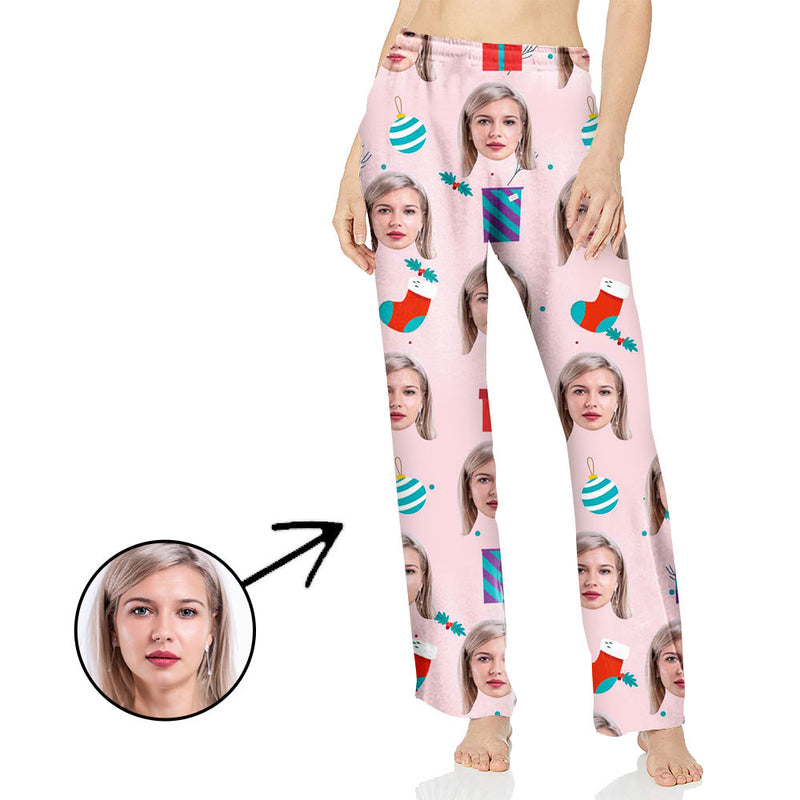Custom Photo Pajamas Pants For Women Celebrate Christmas With Lights Pink