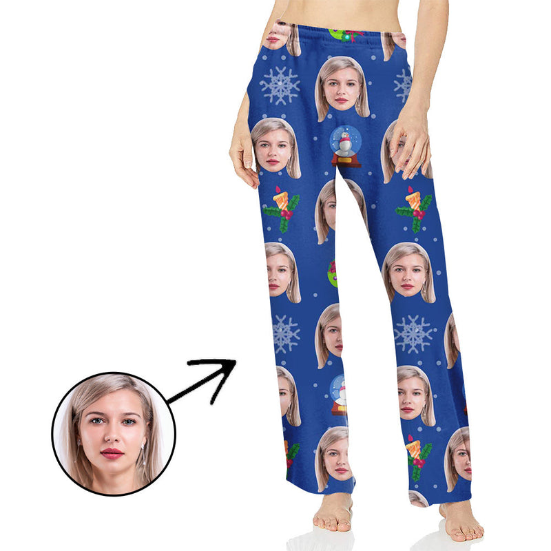 Custom Photo Pajamas Pants For Women Snowman And Snowflake