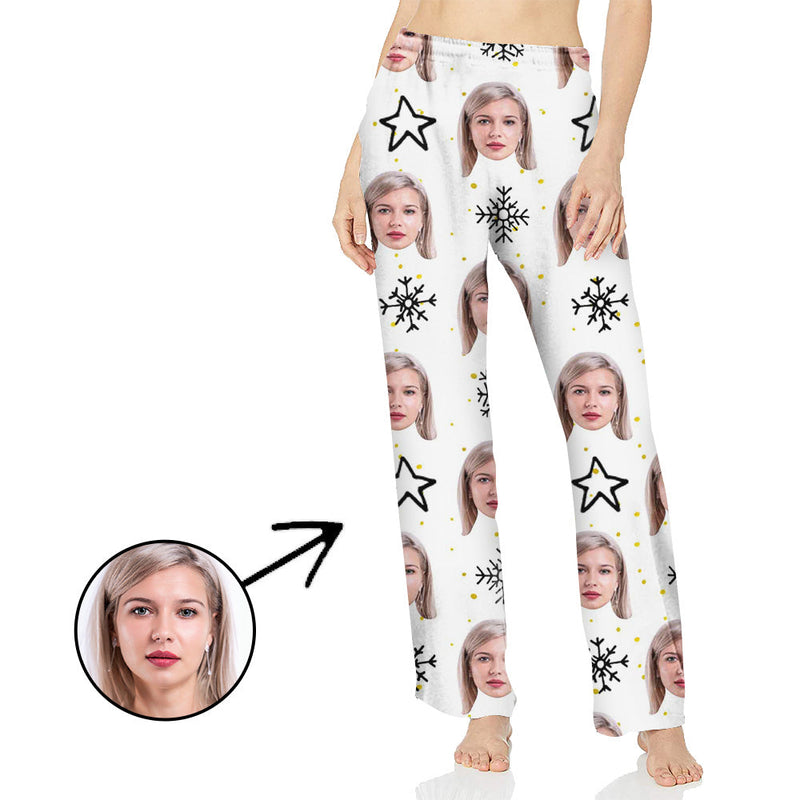 Custom Photo Pajamas Pants For Women White Stars And Snowflake