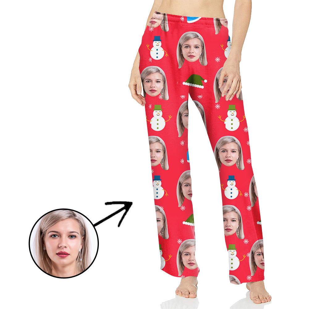 Custom Photo Pajamas Pants For Women Snowman And Christmas Hat