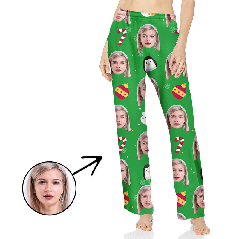 Custom Photo Pajamas Pants For Women Candy Cane And Christmas Green