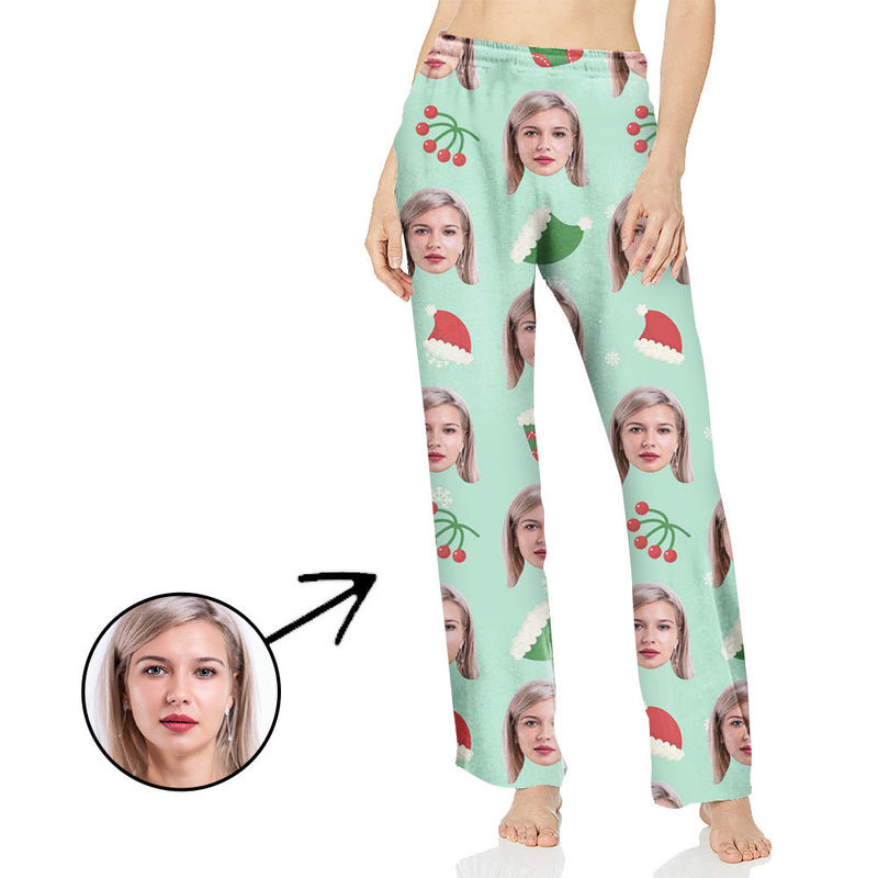 Custom Photo Pajamas Pants For Women Chirtmas Tree And Cherry