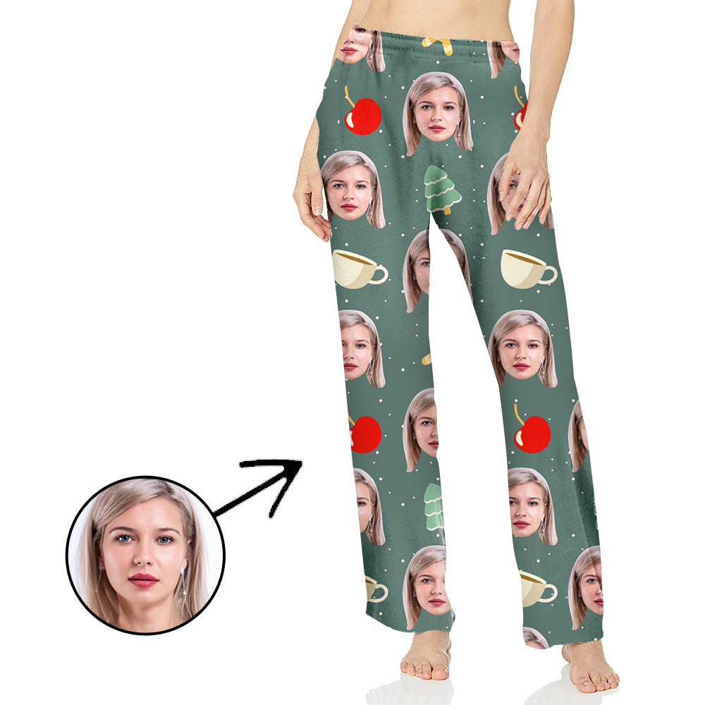 Custom Photo Pajamas Pants For Women Christmas Tree And Apple