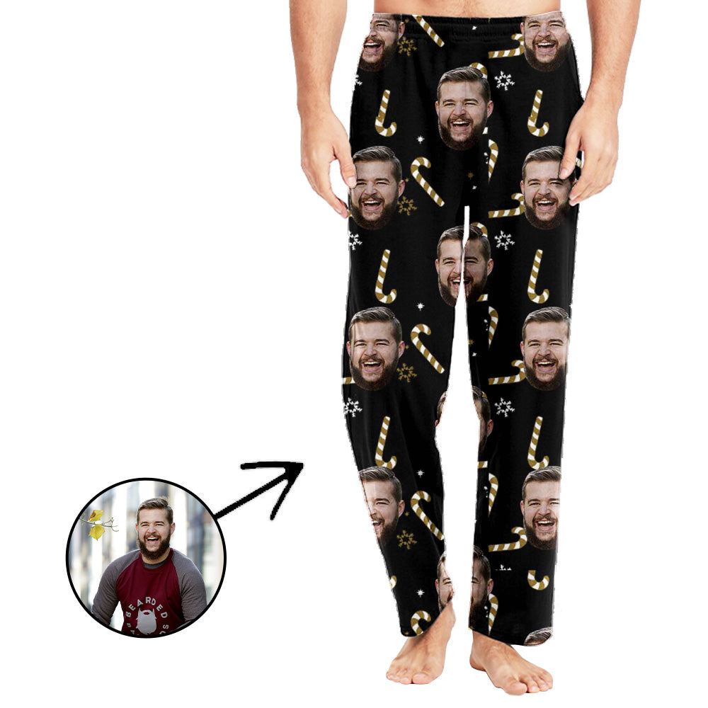 Custom Photo Pajamas Pants For Men Candy Cane With My Loved One's Face