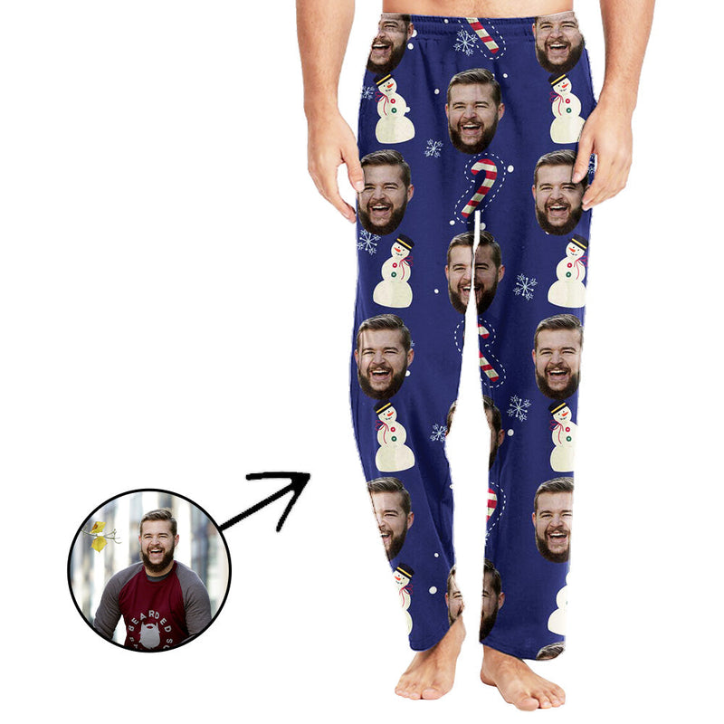 Custom Photo Pajamas Pants For Men Snowman And Candy Cane