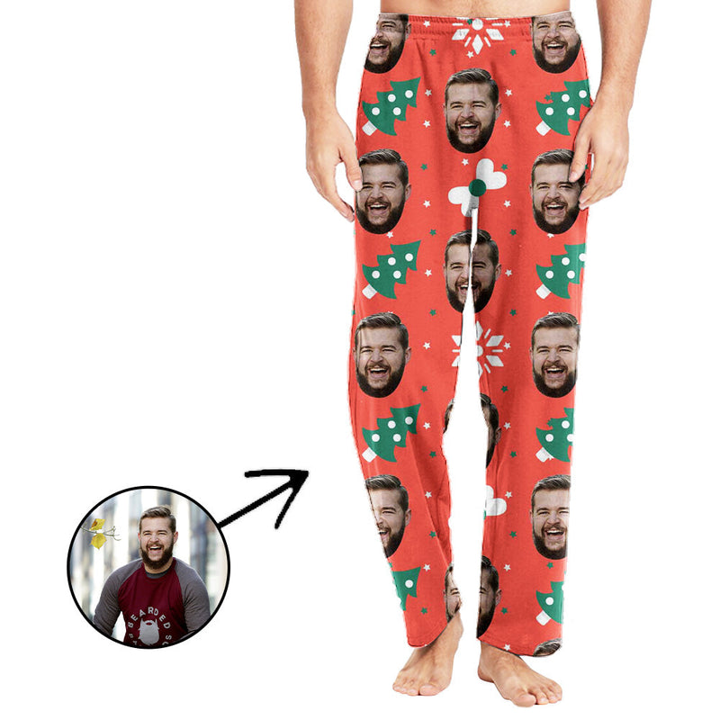 Custom Photo Pajamas Pants For Men Christmas Hat And Christmas Tree
