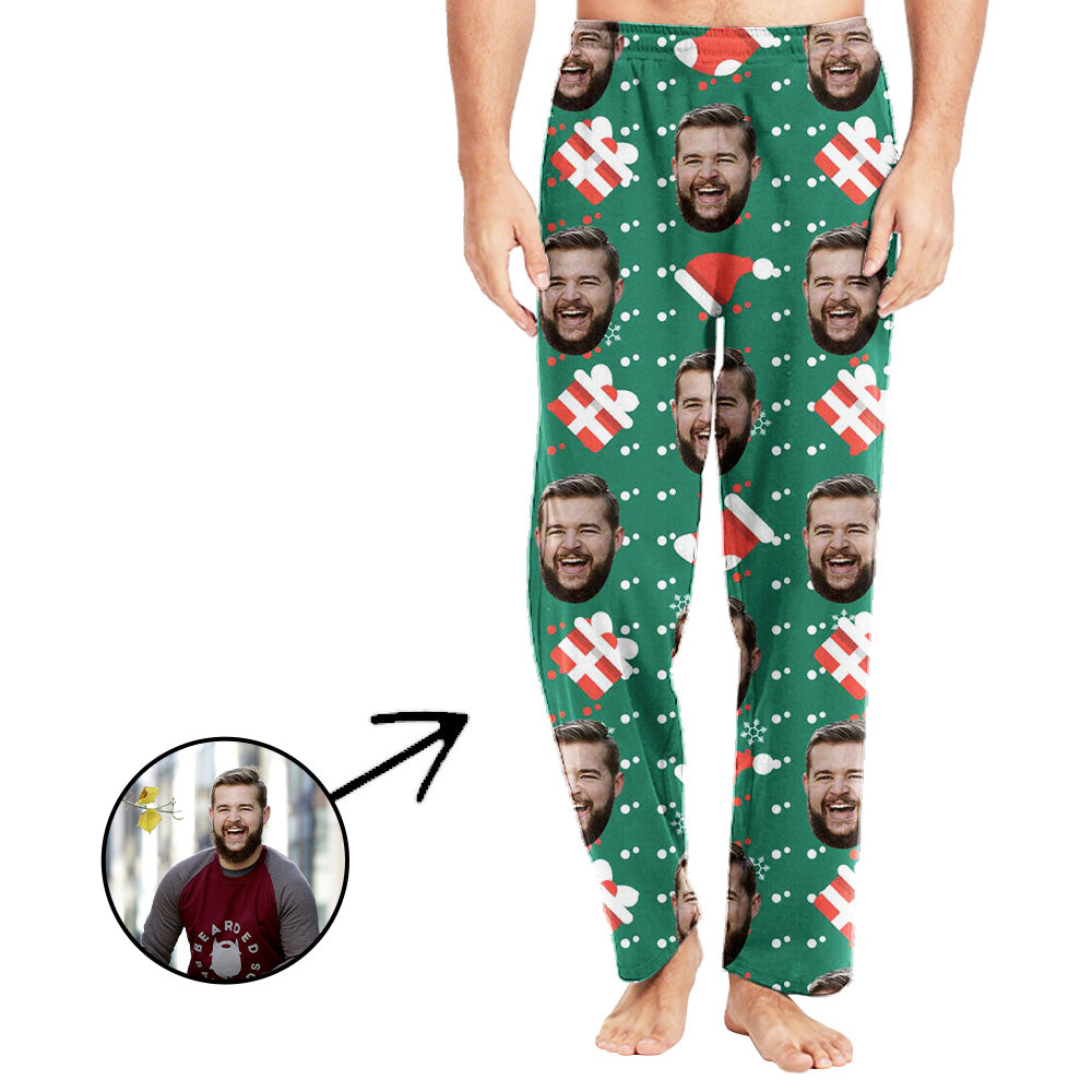 Custom Photo Pajamas Pants For Men Christmas Hat And Gifts