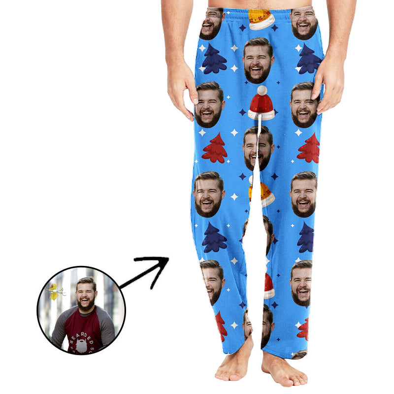 Custom Photo Pajamas Pants For Men Snowflake And Lovely Bear