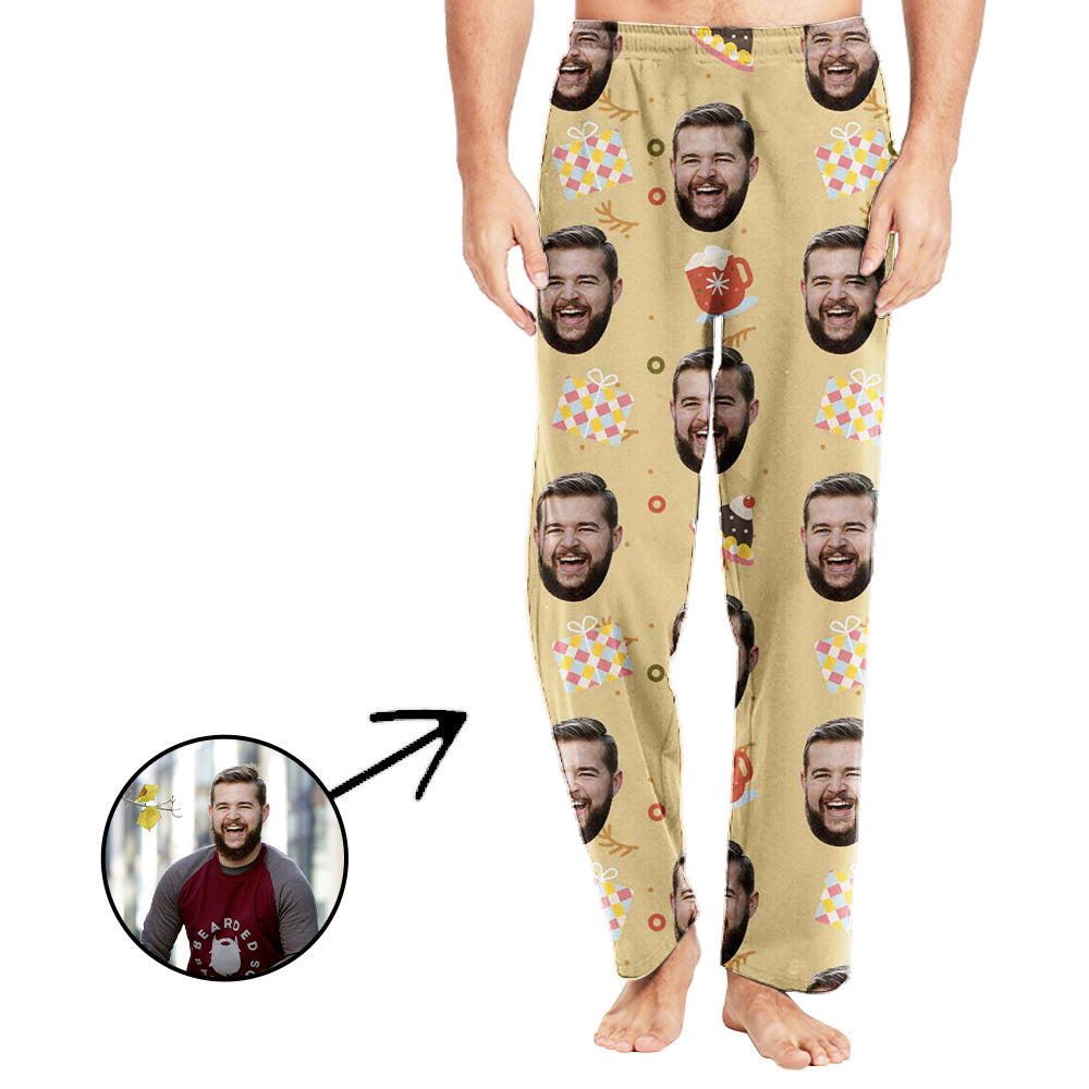 Custom Photo Pajamas Pants For Men With Christmas Pendant And Cup
