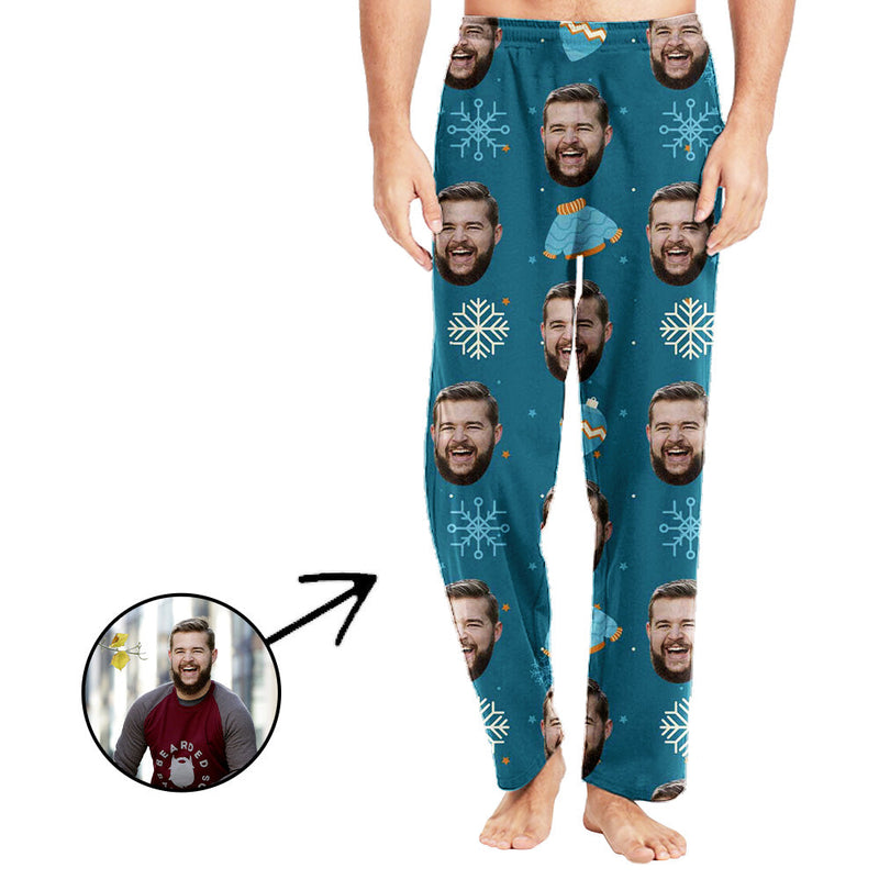 Custom Photo Pajamas Pants For Men Snowflake In Blue