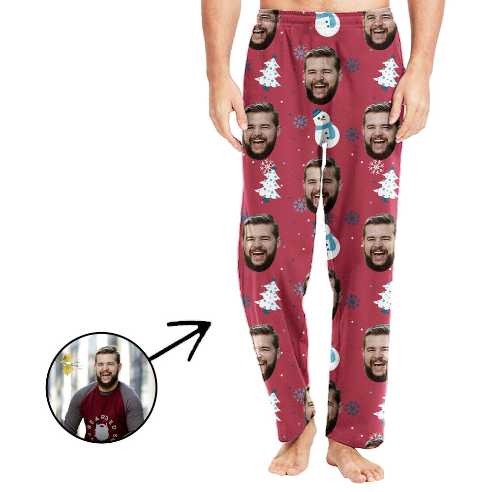 Custom Photo Pajamas Pants For Men Snowman And Christmas Tree