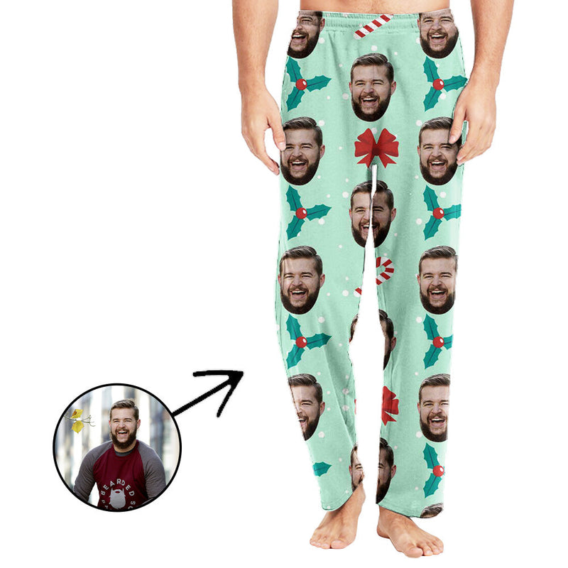 Custom Photo Pajamas Pants For Men Christmas Pendant With Candy Cane